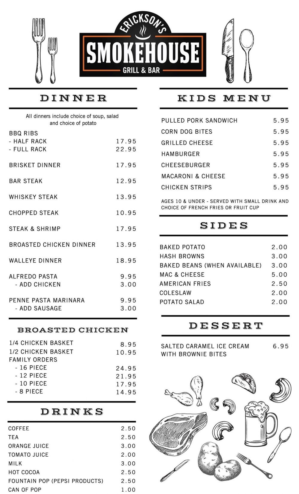 Dinners, Broasted Chicken, Kids Menu, Sides, Desserts & Drinks